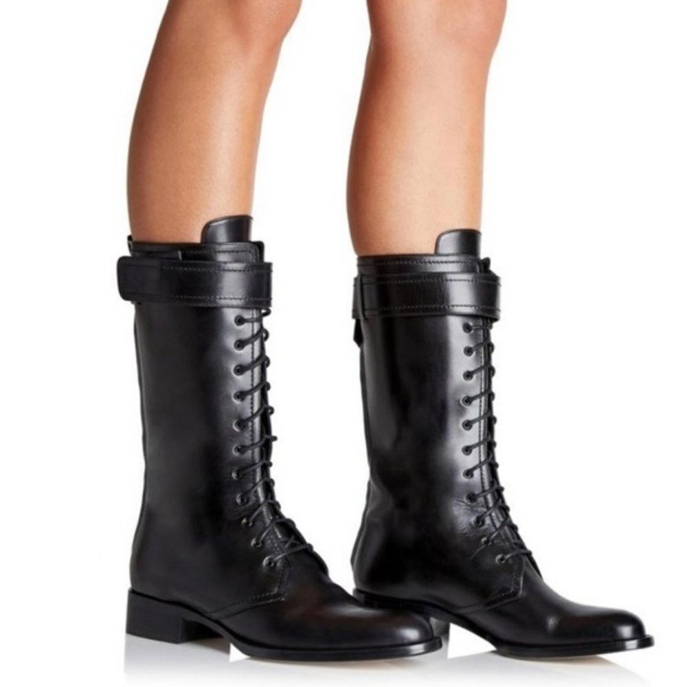 Tamara Mellon Combat Mid Calf Boots in Black Vitello 37.5 7.5